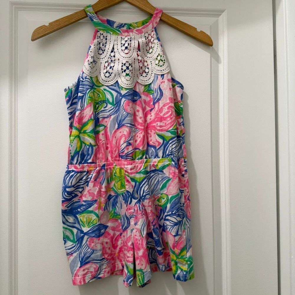 Lilly Pulitzer Girls Mini Pearl Romper in a multi-color Havana Cocktail XL